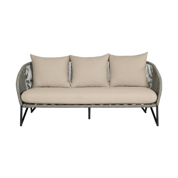 Benicia Outdoor Patio Sofa in Black Steel with Gray Rope and Taupe Cushions