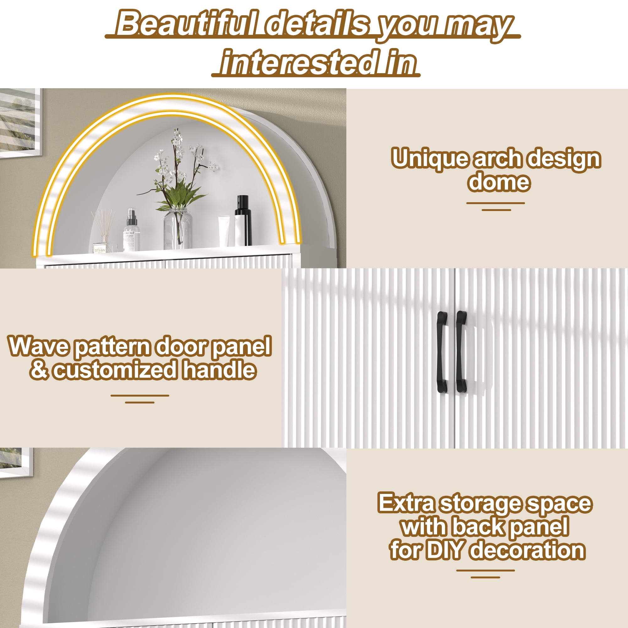 HARIPUL Over The Toilet Storage Cabinet w/ Unique Wood Grain & Arc Design, Freestanding Bathroom Shelf Organizer Space Saver w/ Doors & Anti-Tip Device, White
