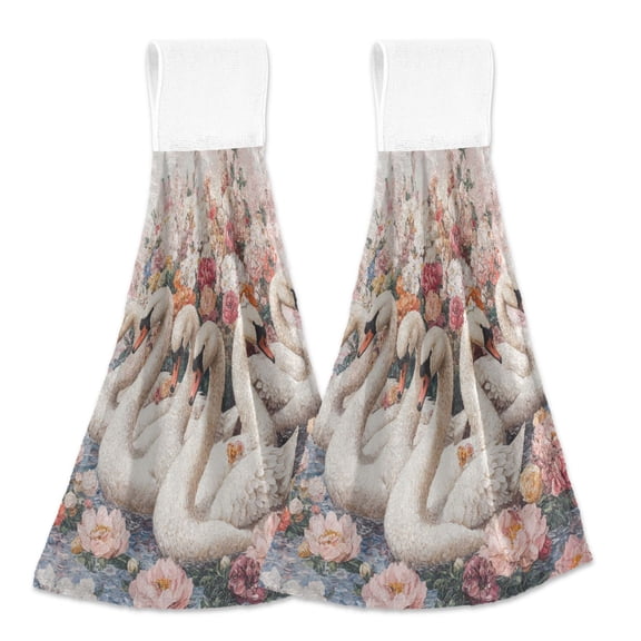 BZSMCE Hanging Hand Towels Fashion Swan Serenade in Floral Dream Pattern 2-Pack - Velcro Style Bathroom Kitchen Towels