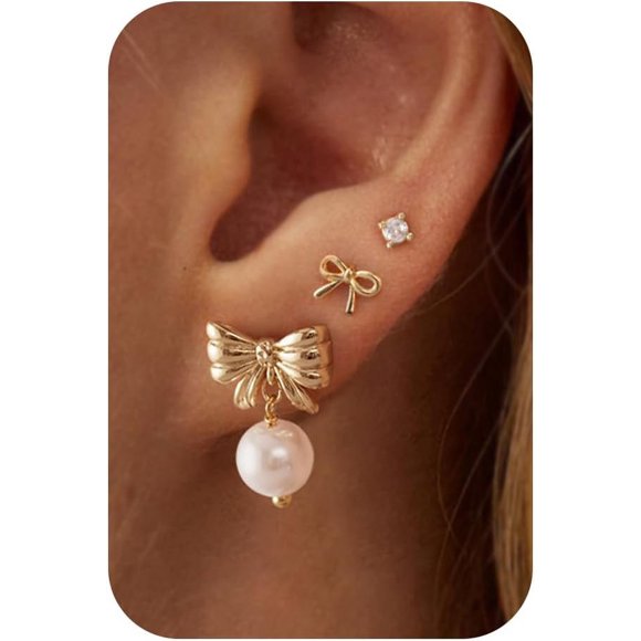 shiyou-Stud Earrings-14K Gold/White Gold Plated Earrings Stacks Bow Snake Butterfly Tiny Stud Earrings Set Cartilage Earrings Earrings for Women