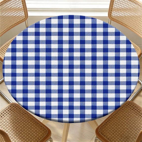 YESAD Elastic Tablecloth For Round Tables, Waterproof Tablecover For Up To 36in Round Table, Dining Tablecover For Indoor And Outdoor, Holiday, Blue Gingham Check