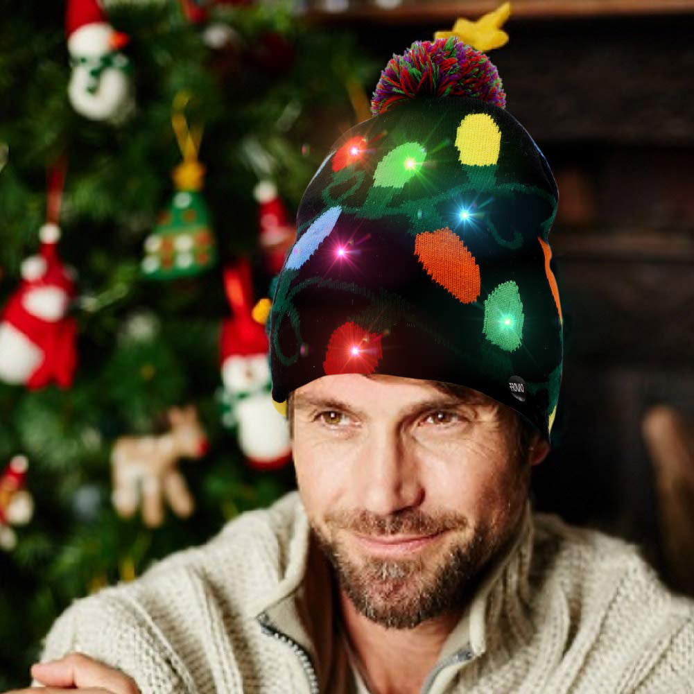 LED Light Up Hat Beanie Knitted Christmas Tree Hat Kids Adults Warm Holiday Gift 