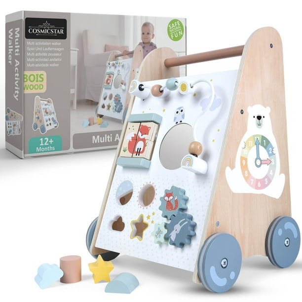 Cosmicstar Andador de Madera para Bebés - Andador de Cubos de Actividad 6 en 1 para Bebés, Carro con Ruedas para Juguetes Andadores de Actividades para Bebés para Niños y Niñas o Habilidades Motoras,