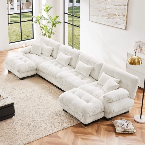 Free Combination Modular Sectional Sofa, U Shaped Couch for Living Room, 4-Seater Comfy Cloud Couch with 2 Ottomans (White)