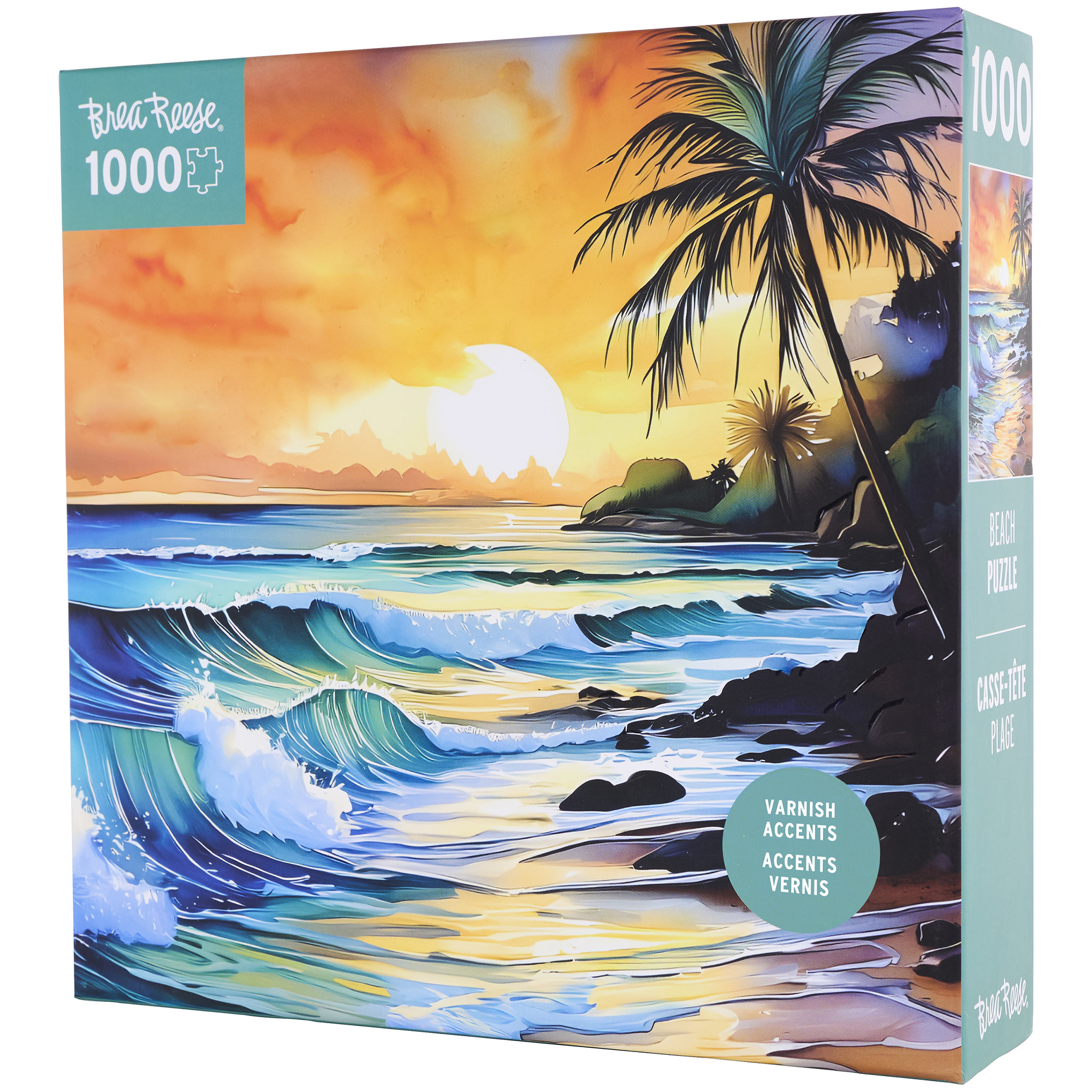 Brea Reese: 1000 Piece Puzzle - Beach - Waves & Palm Trees Sunset Scene, Adult Jigsaw, UV Varnish Accents, Image Reference Poster, 19.25 x 26.75"