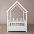 thumbnail image 5 of Floor Wooden Bed with House Roof Frame, Twin Size Fence Guardrail Bed for Kids, White Pine Wood Children's Bedroom Furniture, 20-Inch High Fence with Roof Structure, 5 of 11