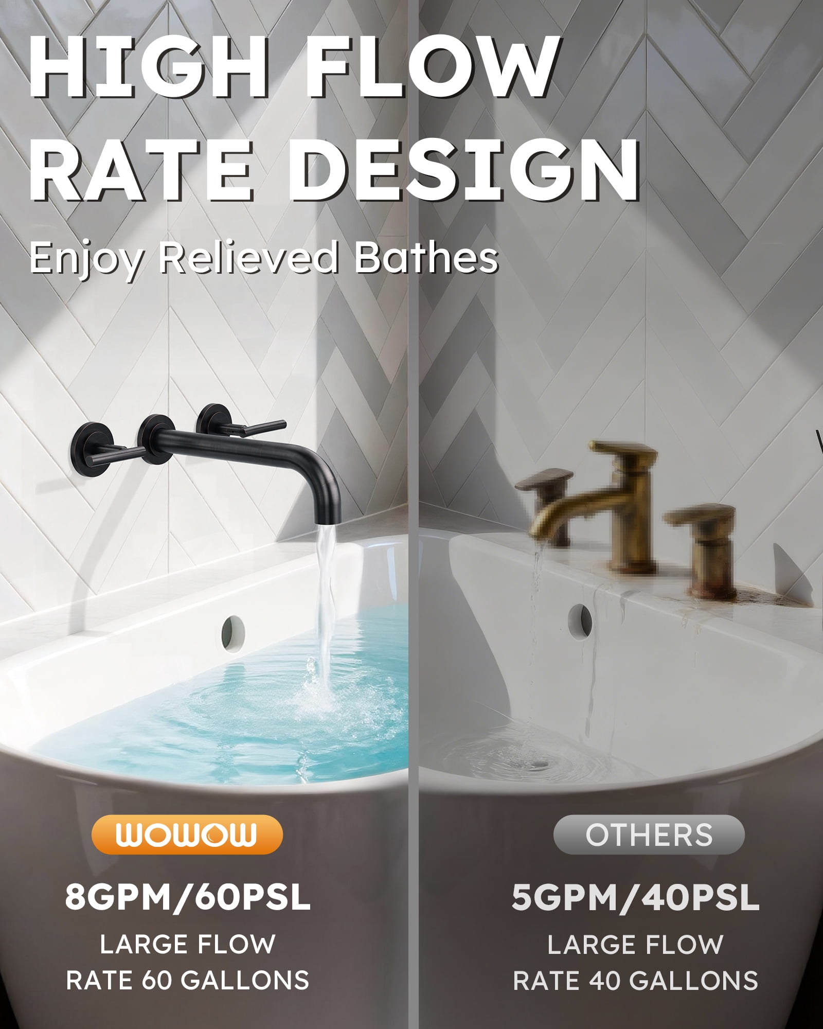 Wall Mount Tub Filler: Wowow Oil Rubbed Bronze Bathtub Faucet Long Spout Reach, Bath Tub Filler Faucet 2 Handle Wall Mounted Bathtub Faucets with Brass Rough in Valve Included Wall Mounted Tub Faucet