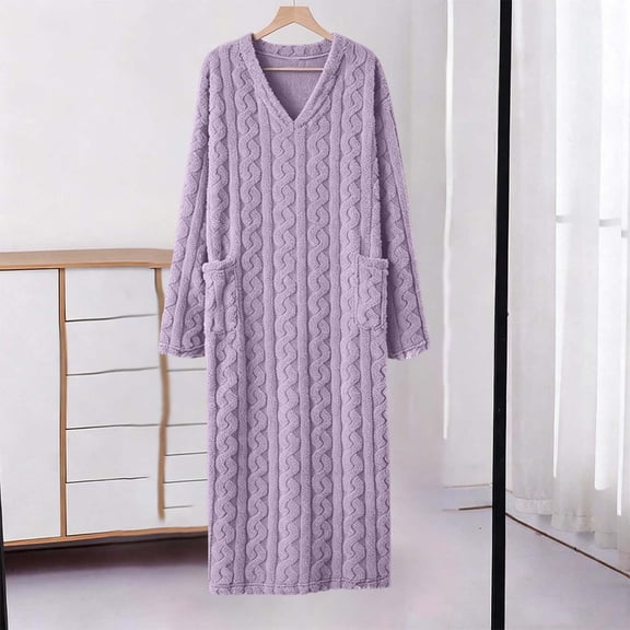 Women's Fleece Maxi Nightgown V Neck Long Sleeve Warm Thermal Sleep Dress with Side Pockets for Cold Winter Bedroom Purple XL