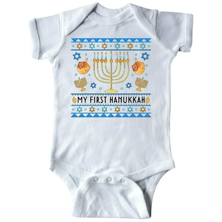 

Inktastic My 1st Hanukkah Sweater Style Design Menorah and Dreidels Gift Baby Boy or Baby Girl Bodysuit