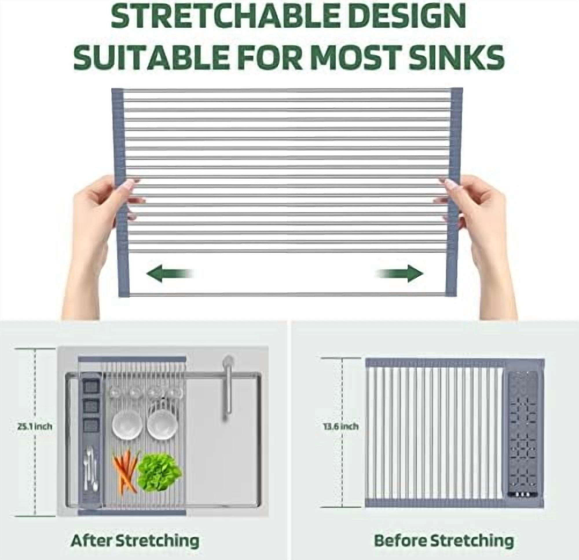 Expandable Roll Up Dish Drying Rack,Over The Sink Drying Rack Sink Kitchen Accessories Rolling up Stainless Steel Drainer, Foldable with Removable Utensil Holder(Gray)