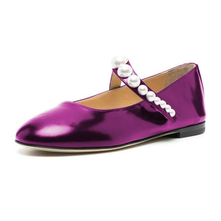 XYD Women Mary Jane Flats Multi-sized Pearls Cute Round Toe Comfort Slip On School Casual Ballet Shoes Size 9 Purple