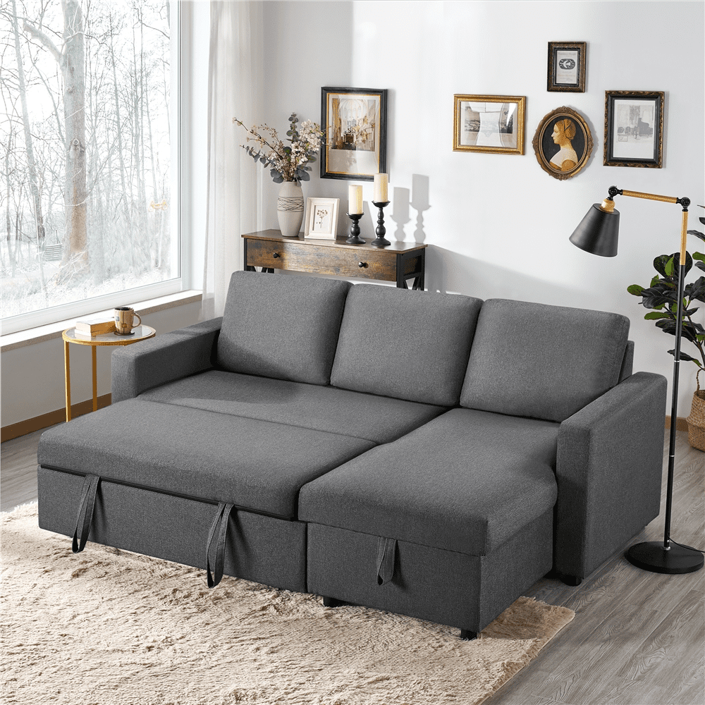Renwick Reversible Sleeper Sectional Sofa with Pull Out Bed and Storage, Dark Gray