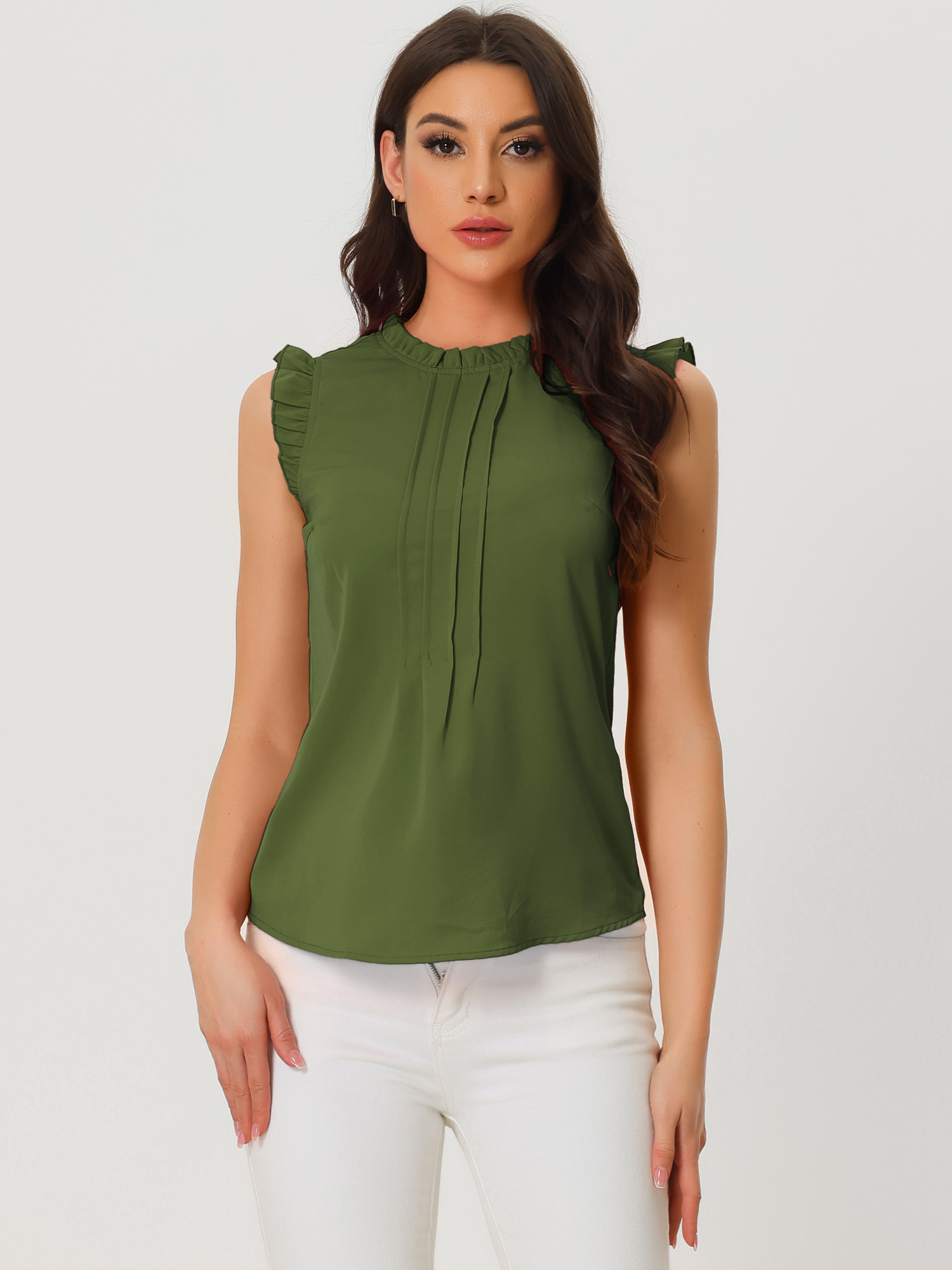 DARING DIVA Women's Ruffled Trim Pleated Plain Blouse Top XS Army Green