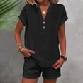 thumbnail image 3 of 2 Piece Short Sets for Women Linen Short Sleeve Outfits Casual Summer Shorts Set with Pockets,Black S, 3 of 6