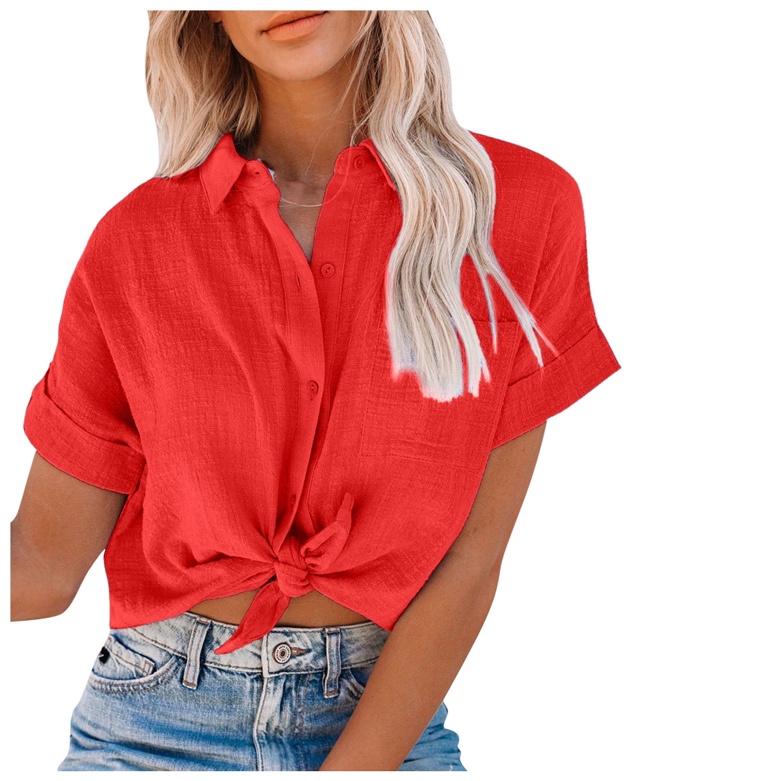 DNDKILG Womens ClassicFit Tops Tunic Short Sleeve Button Down Collar Solid Color Plus Size