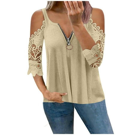 

Womens Blouses Women Casual Lace Half SleeveＶ-Neck Zipper Hollow Out T-Shirt Blouse Tops Round-Neck Cold Shoulder Short Sleeve Maternity Shirts Beige L
