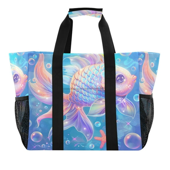 Dreamy Fish and Bubble Reusable Grocery Bags with Handle Side Pocket Waterproof Shopping Portable Tote