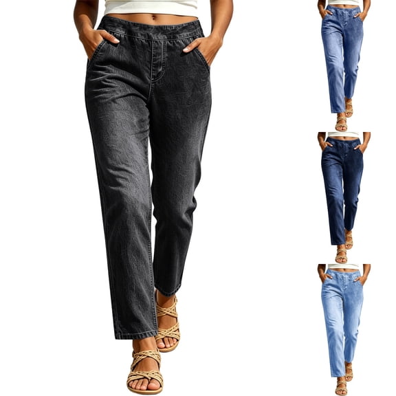 Levmjia Women Mid Rise Elastic Waist Straight Leg Jeans Casual Denim Capri Pants with Pockets Slim Fit Ankle Length Stretch Jean Trousers Daily Wear
