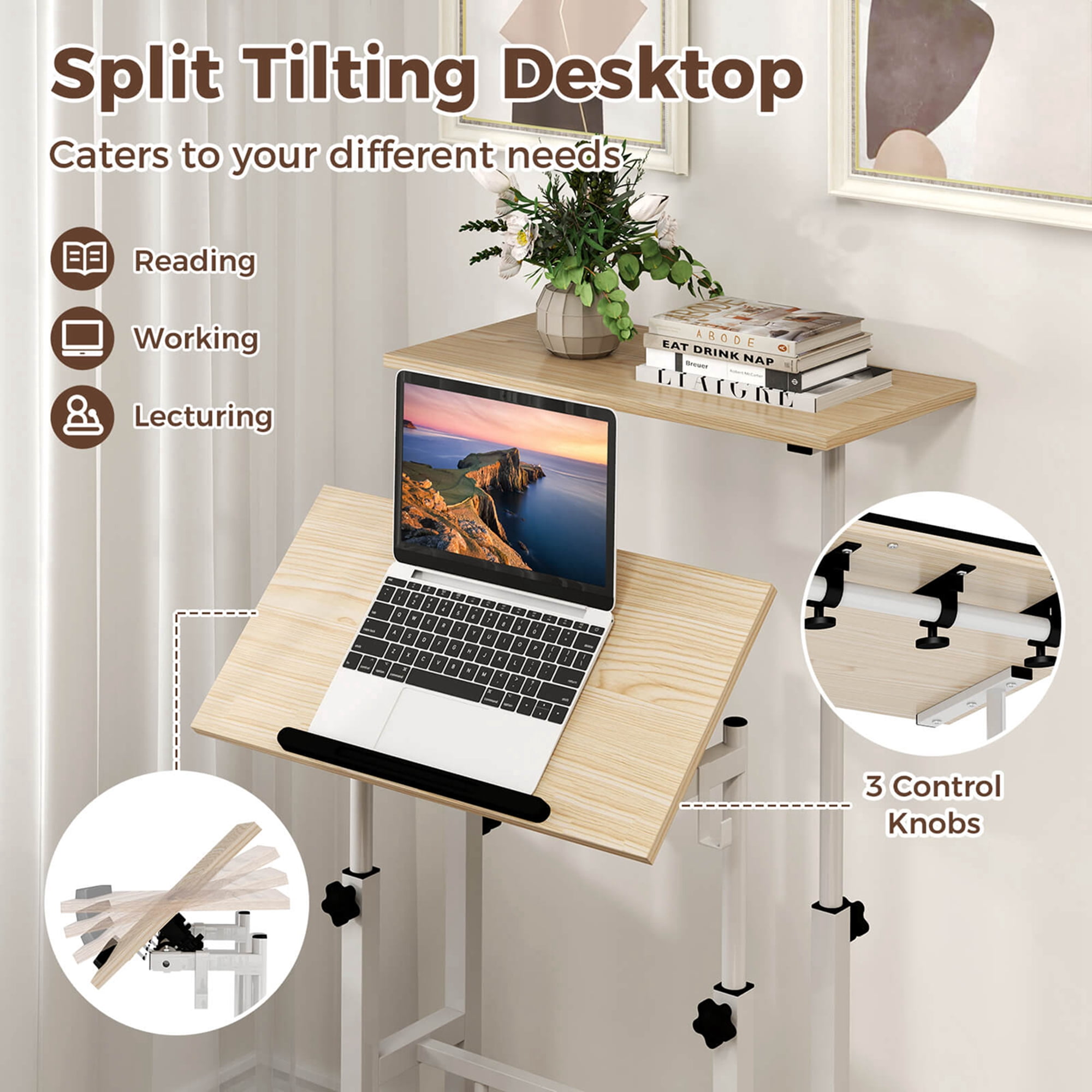 Costway Height Adjustable Mobile Standing Desk with Tiltable Desktop & 2 Hanging Hooks