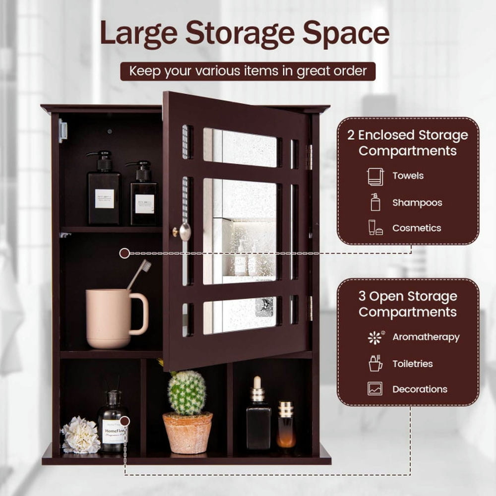 Finihen Bathroom Wall Cabinet, Wall Mounted Bathroom Mirror Cabinet, Wall Mounted and Mirrored Bathroom Cabinet, for Bathroom, Brown Finihen Bathroom Wall Cabinet, Wall Mounted Bathroom Mirror Cabinet, Wall Mounted and Mirrored Bathroom Cabinet, for Bathroom, Brown