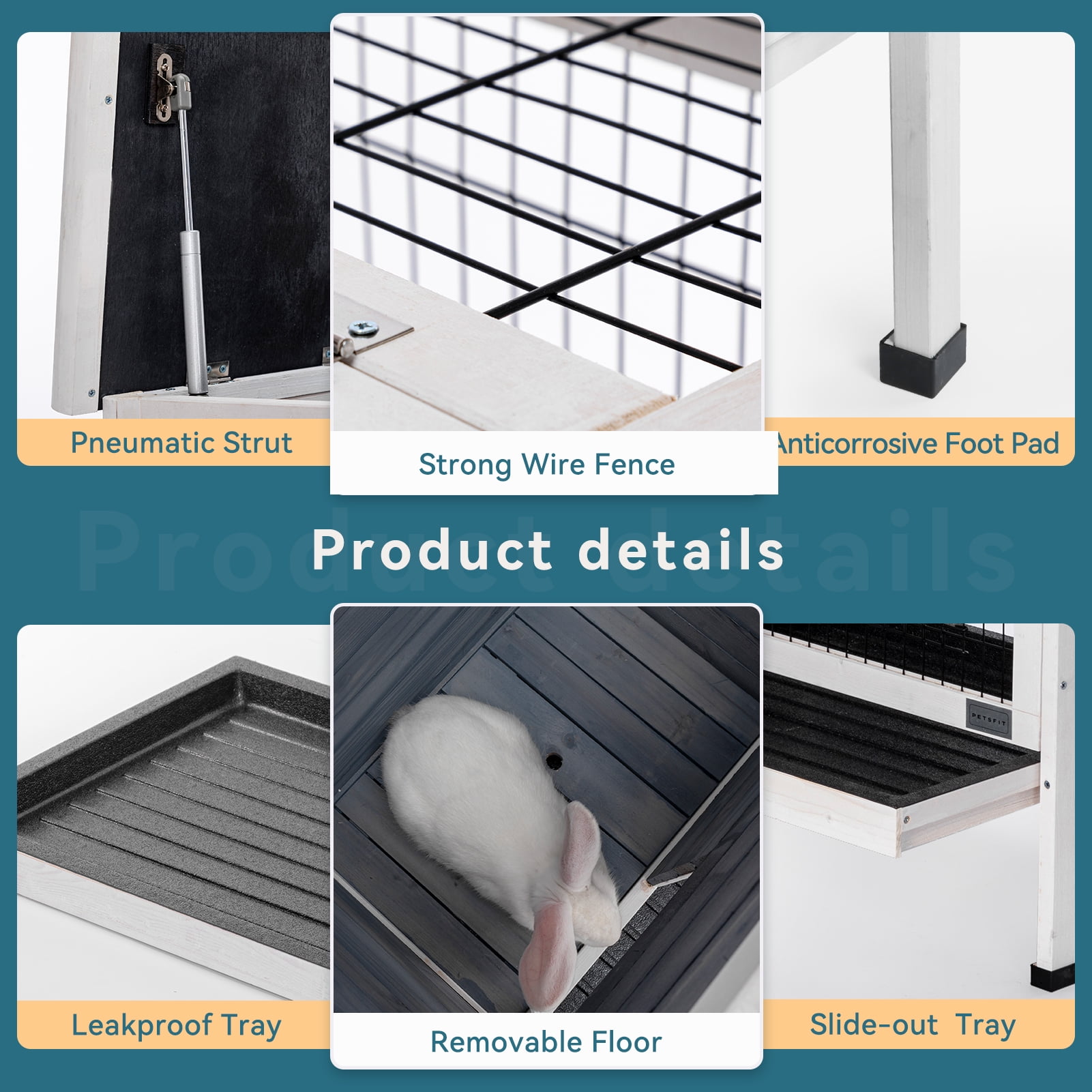 PETSFIT Guinea Pig House Leak Proof Design, Spruce Wood Rabbit Hutch with Bottom Net Hideout for Rest and Ramp for Enter and Out Solid Gray