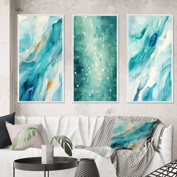 Designart "Turquoise Impressions Waves of Infinity VII" Abstract Painting Framed Wall Art Set Of 3 - Turquoise Modern Frame Gallery Set For Office Decor
