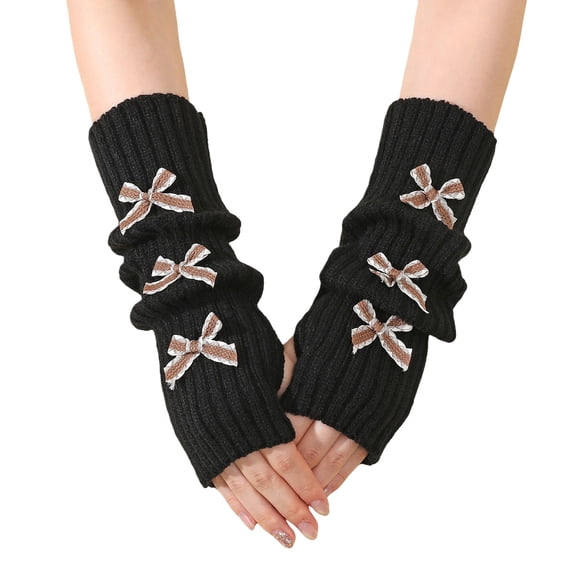 BWASD Womens Fingerless Knitted Gloves Y2K Cute Bowkno Thick Warm Soft Half Finger Thumb Hole Wrist Arm Warmers for Fashion Casual Cozy Gift Brown