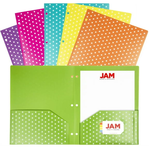 JAM Paper 2 Pocket Plastic Polka Dot Folders, 3 Hole Punch, Multicolor, 6 per Pack