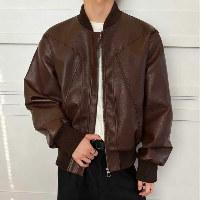 Men's Faux Leather Baseball Jacket, Casual Long Sleeve Short Style Biker Outerwear, Polyester Motorcycle Style Coat with Solid Color Block Design for Daily Wear from M to XXXL