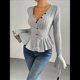 thumbnail image 4 of Camiseta Elegante de Larga con Cuello en V para Mujer, Otoño e Invierno, con Volantes, Corte Entallado y Mangas Acampanadas Gris XL, 4 of 9