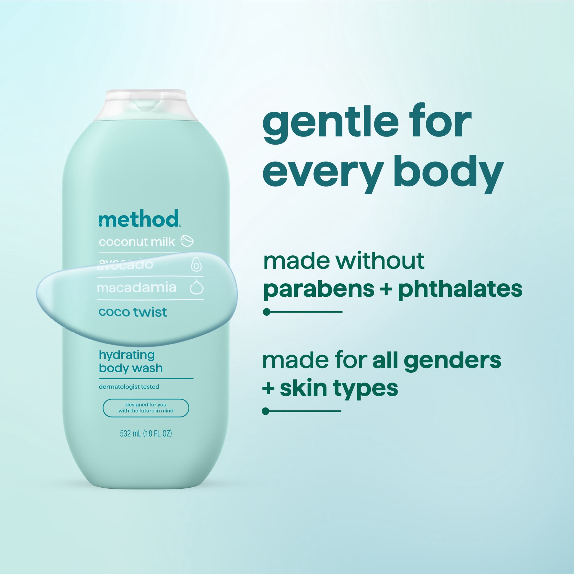 method Body Wash, Coco Twist - Leaves Skin Feeling Soft & Moisturized, Made Without Parabens, Notes of Coconut Milk, Avocado & Macadamia, 18 fl oz