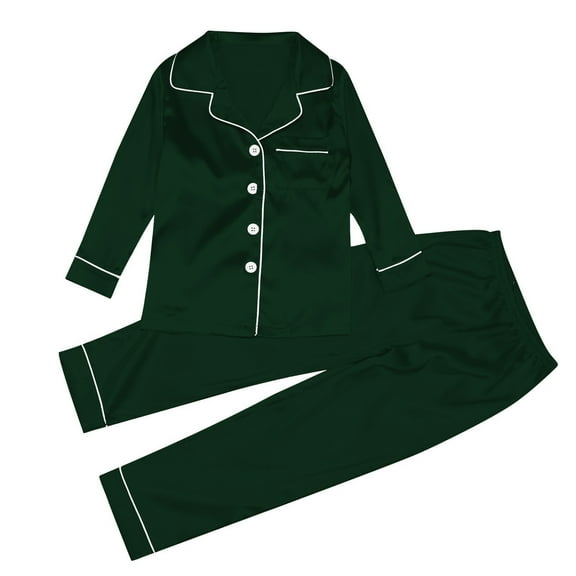CUZIBR Christmas Outfits Long Sleeve Satin Silk Button Down Solid Blouse And Trous Two Piece Clothes Fot Kids Soft Comfy Outfits Set,Dark Green,3-4 Years