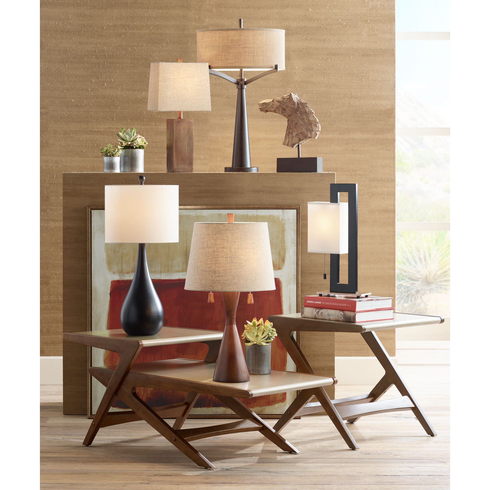 360 Lighting Omar Modern Table Lamp 28 3/4" Tall Warm Brown Wood Hourglass Oatmeal Fabric Drum Shade for Bedroom Living Room Bedside Nightstand Office