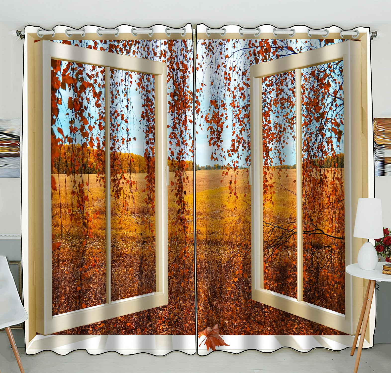PHFZK Scenery Window Curtain, Open Window overlook the Autumn Forest