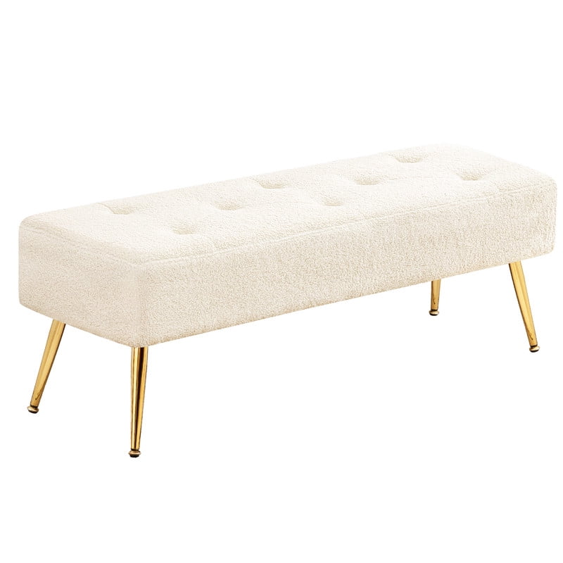 Modern Upholstered Bedroom Bench, 44.75" Tufted Ottoman Bench with Gold Metal Legs, End of Bed Bench, Entryway Shoe Bench, Narrow Space Accent Seating, 285 lbs Capacity, Sherpa,White