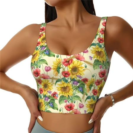 Jgfou Sunflower Cornflower Poppy Print Womens Sports Bra - Padded Workout Sports Bras Crop Tank Top