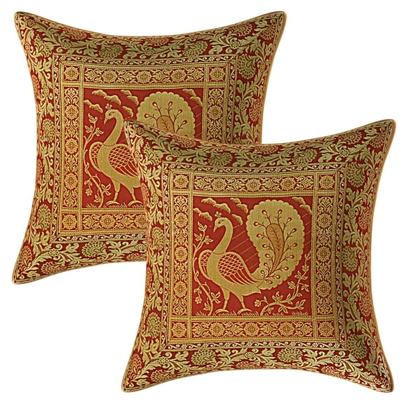 Stylo Culture Indian Christmas Brocade Burgundy Maroon And Gold Throw Pillow Covers 16x16 Jacquard Weave Banarasi Couch Pillow Case Covers Peacock 40x40 cm Decorative Cushion Covers (Set Of 2)