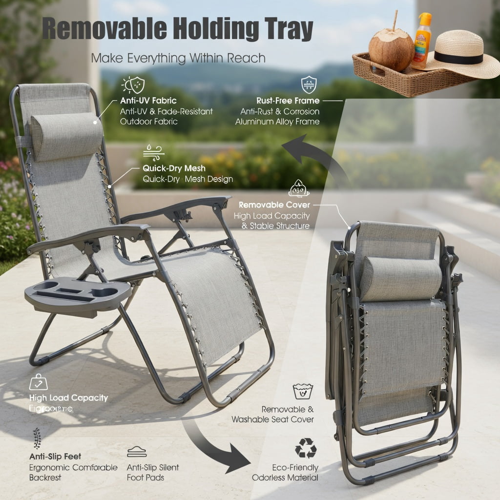 Hommoo 2-Pack Zero Gravity Folding Lounge Chairs with Adjustable Headrests, Breathable Waterproof Fabric, Heavy-Duty Steel Frame, Gray