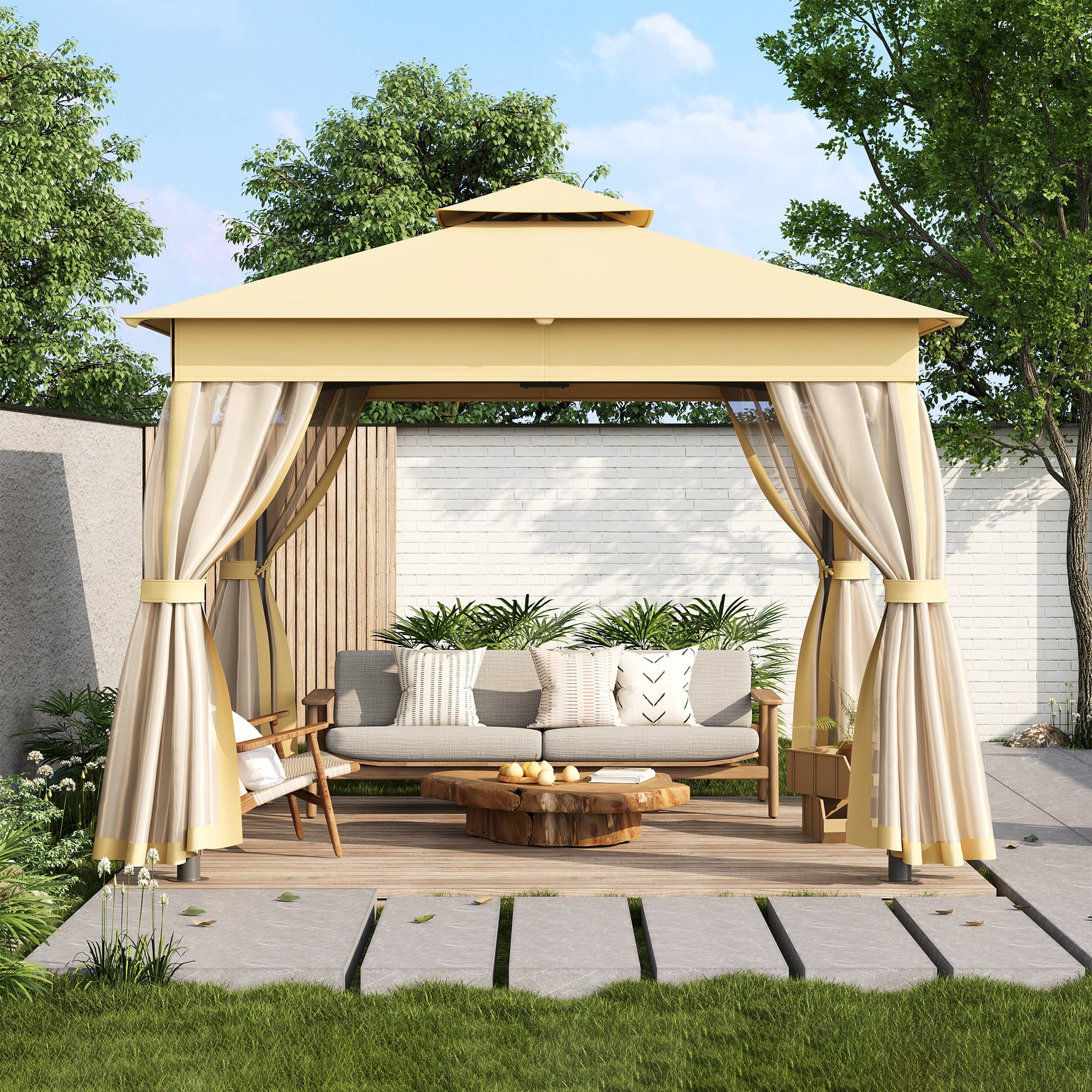 10'x10' Outdoor Gazebo Tent with Double Roofs, Patio Gazebo with Mosquito Netting, Patio Canopy for Backyard, Garden, Lawn and Deck,Beige