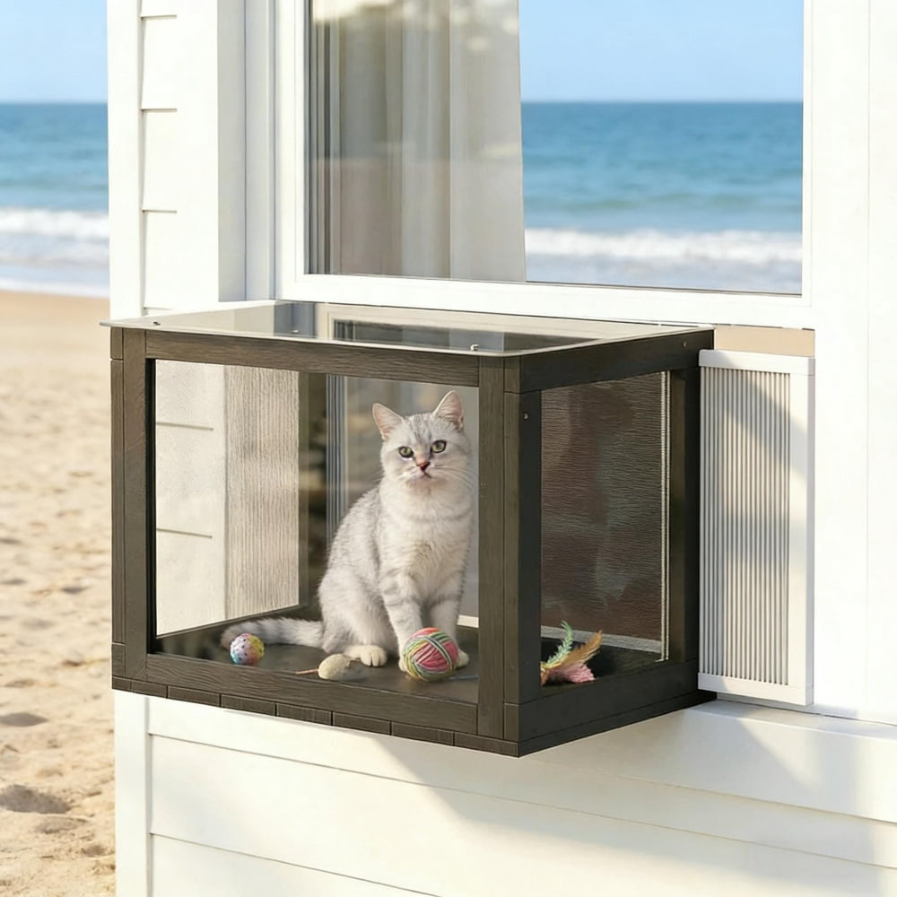 Window Mounted Catio Cat Enclosure with Transparent Acrylic Top Fir Wood Cat Window Perch Black White