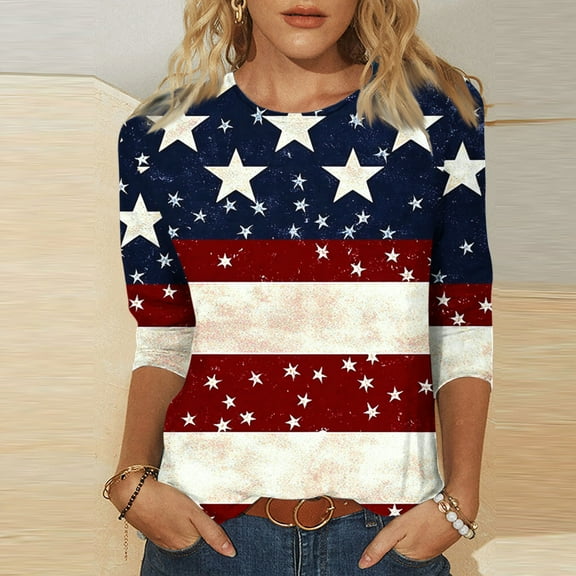 Cavosen Patriotic Shirts for Women Petite Red White and Blue 3/4 Sleeve Crew Neck Shirts USA Star Striped Graphic Tops Lady XL Patriotic Casual T Shirts Independence Day Tunic Tees Patriotic Outfits