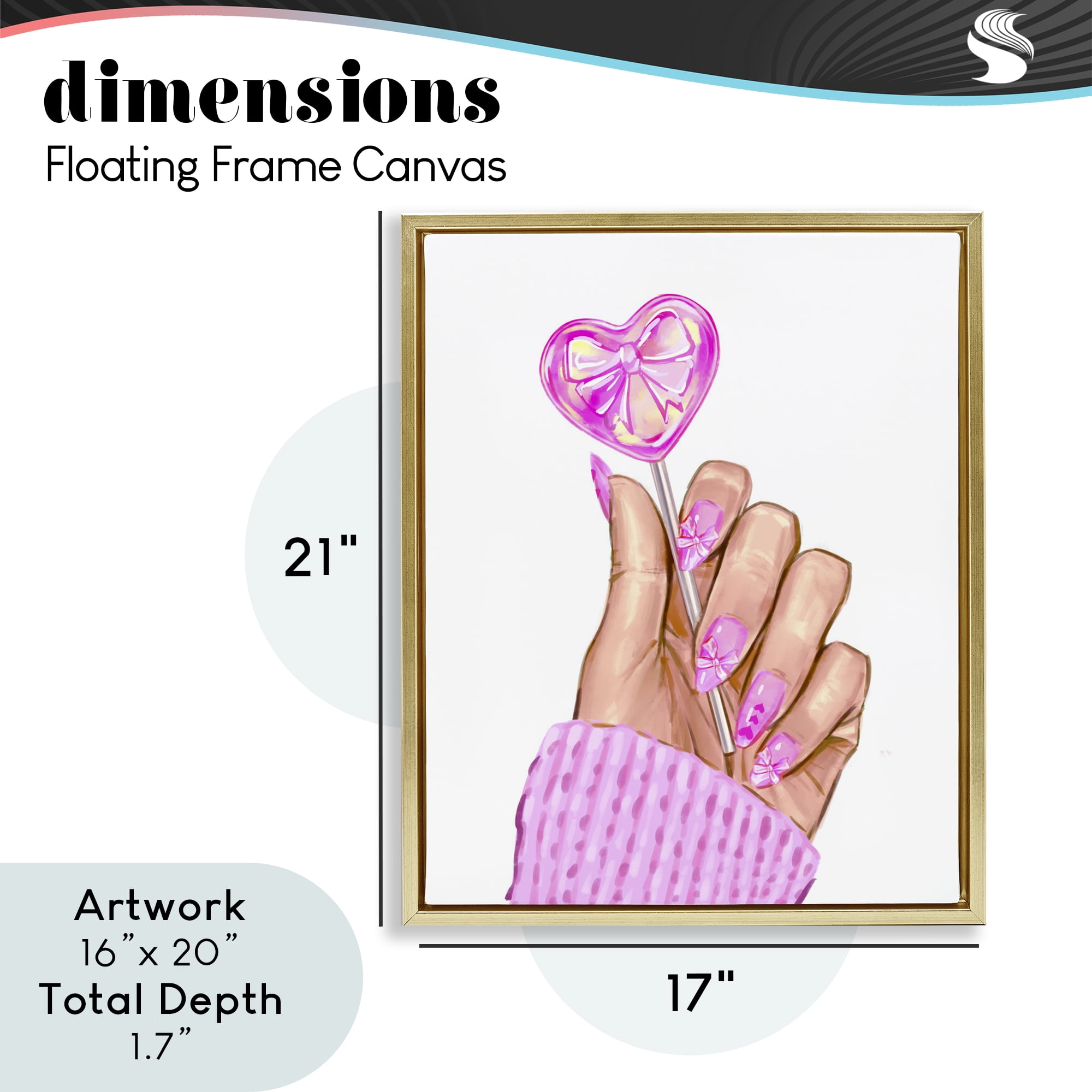 Pink Fashion Bow Lollipop Gold Framed Floater Canvas Wall Art, design by Ziwei Li