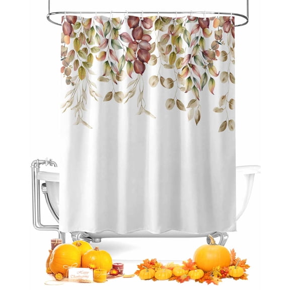 Fall Shower Curtain Autumn Eucalyptus Leaves Bathroom Curtains with Hooks, Waterproof Fabric Leaf Branch Thanksgiving Bath Shower Curtains Set for Bathroom Bathtubs Decor 72x84 Inch