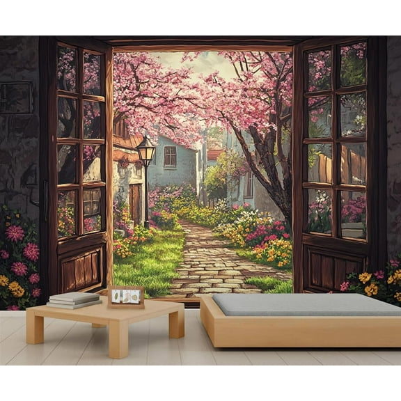 Cherry Blossom Wall Mural - Wildflowers Wall Murals, Pastoral Rustic Hd Photo For Living Room Bedroom, Cherry Blossom Mural 55"W x 28"H (Not Peel and Stick)