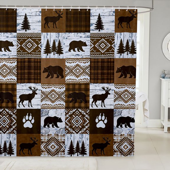 Manfei Woodland Moose Shower Curtain 72Wx72L, Bohemian Aztec Plaid Bathroom Curtain, Dark Brown White
