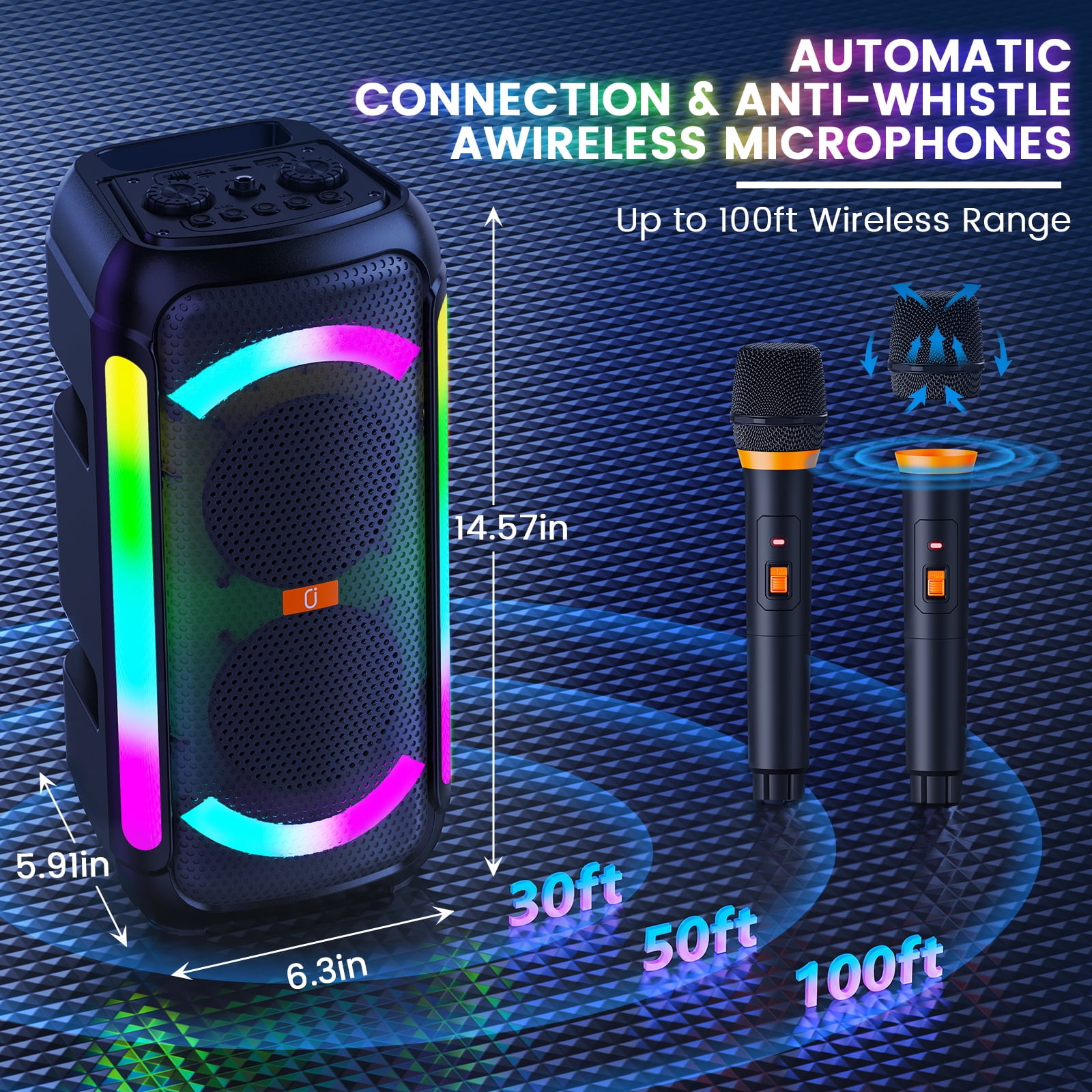 FanFun Portable Bluetooth Speaker, 60W Powerful Speaker with 2 Wireless Microphones with RGB Lights, Perfect for Adults & Kids, Home & Outdoor Party