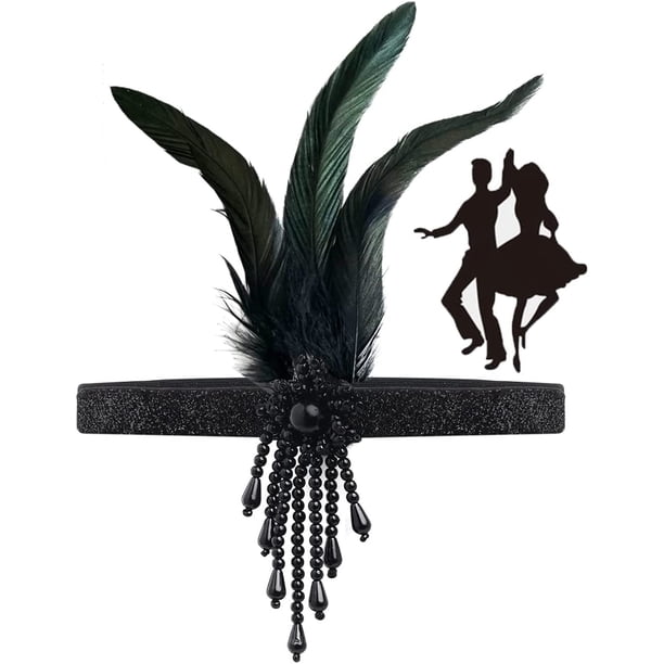 Diadema de Plumas, Diadema de Plumas Negras Accesorio Vintage Año 20, Diadema Charleston Mujer 1920 con Decoración de Cristal Negro 2pcs