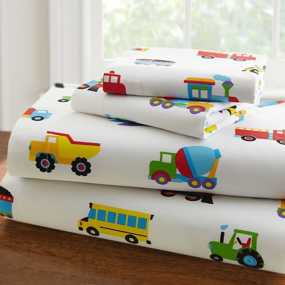 Ensemble de Draps Collection Fantaisie Camions Tracteurs Voitures Avion Ballon Police Bleu Pâle Bleu Foncé Rouge Jaune Noir Blanc Neuf (Simple)