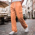 thumbnail image 5 of Men Straight Leg Cargo Pants Drawstring Elastic Waist Multi Pockets Casual Work Trousers Solid Polyester Relaxed Fit Long Pants Multicolor L, 5 of 7