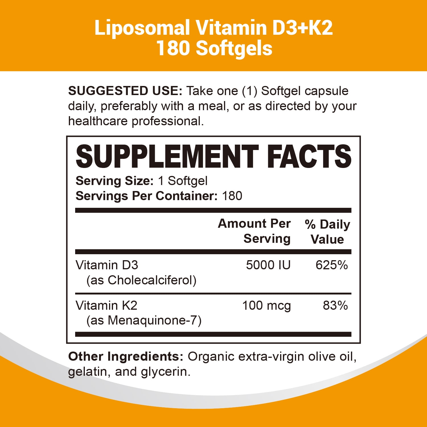Oppuland 2 in 1 Vitamin D3K2 D3 5000 IU + K2 (MK-7) 100 MCG | 180ct Liposomal Softgels Supporting Bone Health, Calcium Absorption and Heart Health
